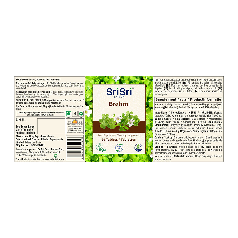 Brahmi-tabletten | 60 tabletten | Gemaakt van puur Brahmi Bacopa-poeder | Geheugenplant